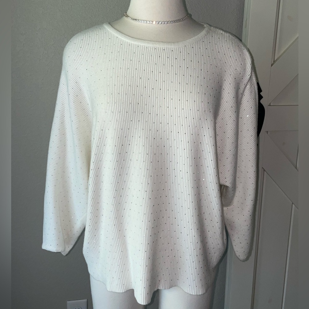 Tahari White Sparkle Stud Crew Neck Sweater